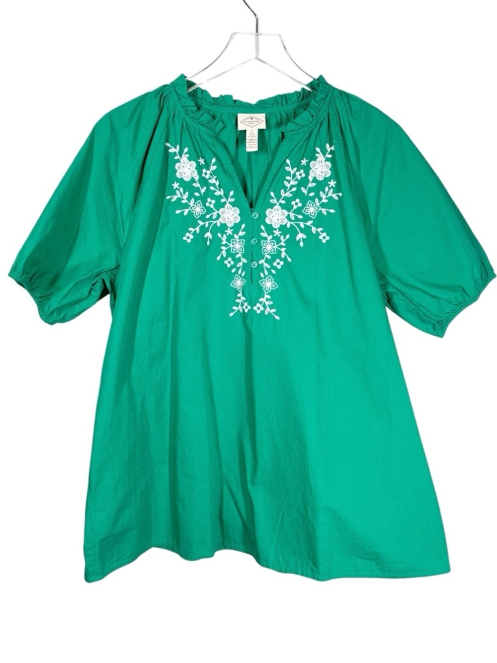 ST. JOHN'S BAY Women's Large Green Cotton Boho Shirt with White Embroidery